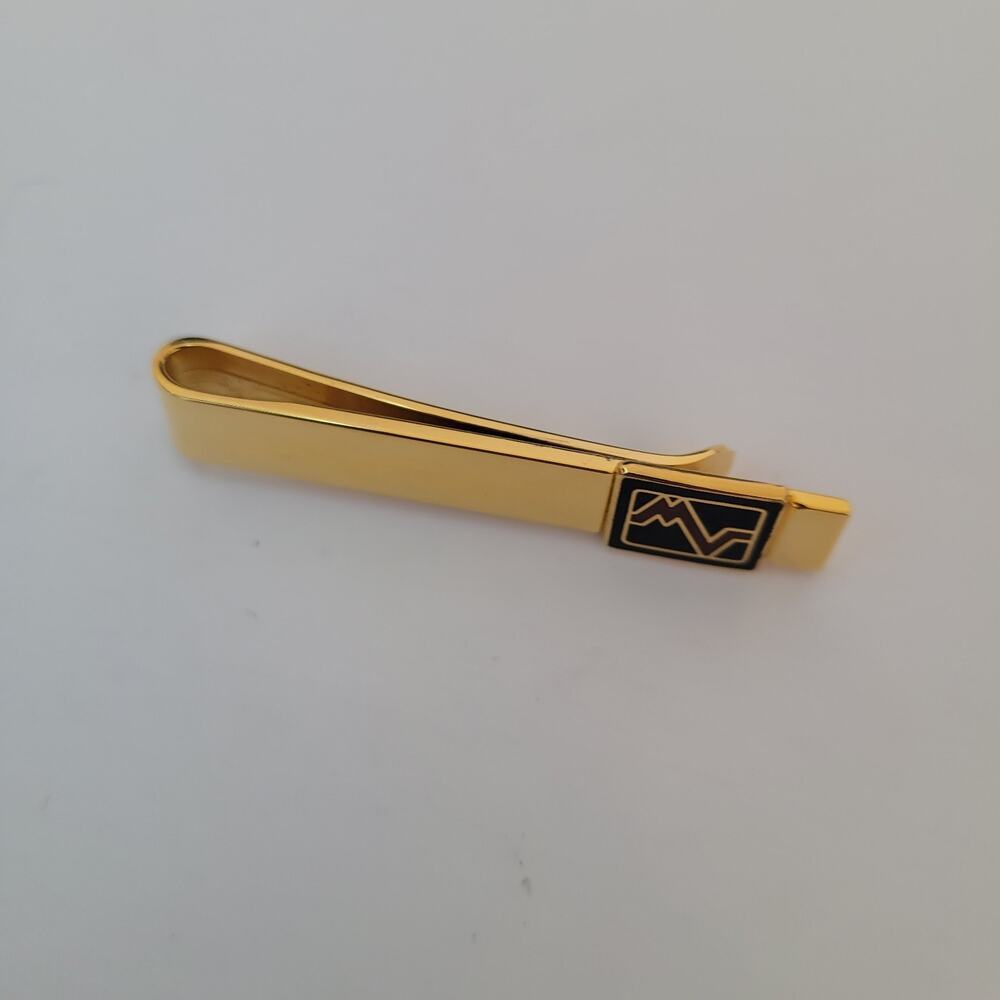Mario Valentino MV USA Vintage Tack Tie Clasp Clip Bar Gold Black Retro Logo - Picture 4 of 6